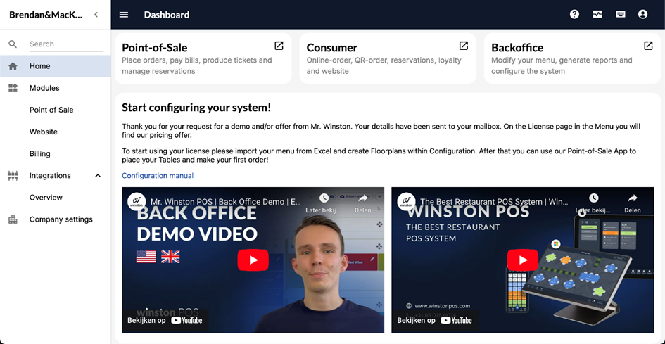 Het Integrations-overzicht (Overview) in Winston POS.